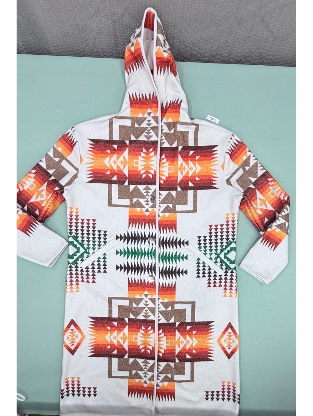 Long Hooded Cardigan with Southwestern Geometric Pattern in Orange, Brown, Green